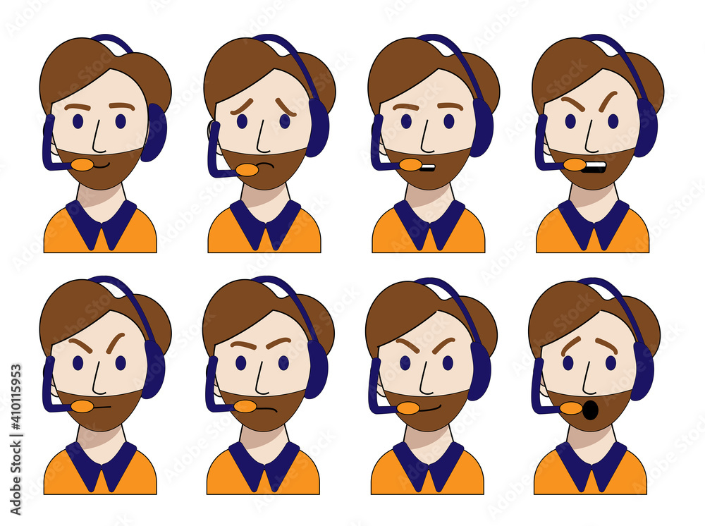 emotions of a young call center operator are isolated on a white background. Vector illustration in cartoon style. joy, cunning, anger, anger, sadness, surprise, contempt, calm. Employee of the help emotions of a young call center operator are isolated on a white background. Vector illustration in cartoon style. joy, cunning, anger, anger, sadness, surprise, contempt, calm. Employee of the help