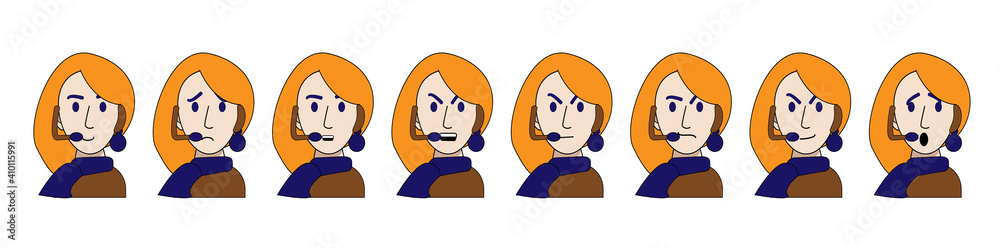 emotions of a young call center operator are isolated on a white background. Vector illustration in cartoon style. joy, cunning, anger, anger, sadness, surprise, contempt, calm. Employee of the help emotions of a young call center operator are isolated on a white background. Vector illustration in cartoon style. joy, cunning, anger, anger, sadness, surprise, contempt, calm. Employee of the help