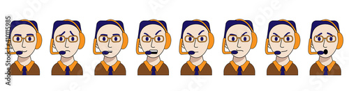 emotions of a young call center operator are isolated on a white background. Vector illustration in cartoon style. joy, cunning, anger, anger, sadness, surprise, contempt, calm. Employee of the help