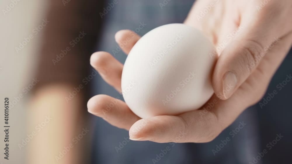 Female hand shows a fresh chicken egg, slow motion. Organic food concept. Female hand shows a fresh chicken egg, slow motion. Organic food concept.