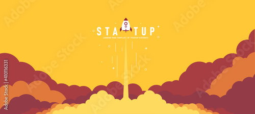 Launch of a rocket in the sky flying above the clouds a spaceship in the cloud business idea In Yellow Background Simple Design Modern Flat Style Vector Illustration