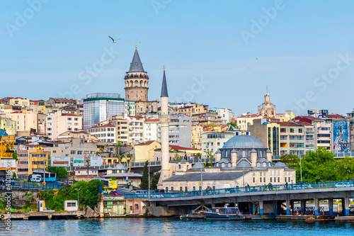 Sokullu Mehmet Pasa Mosque and Halic Metro Bridge view in Istanbul