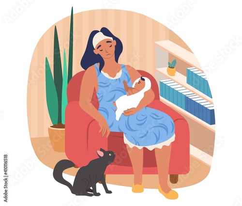 Sleepy mom holding her baby while sitting in armchair, flat vector illustration. Tired, exhausted mother with her newborn baby and cat pet.