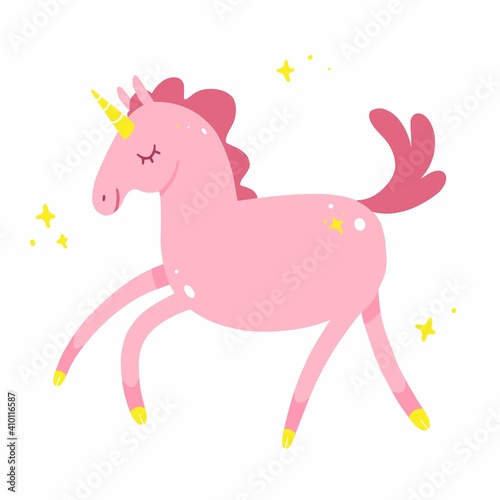 Pink unicorn with stars cute cartoon illustration. Vector illustration isolated on white background.