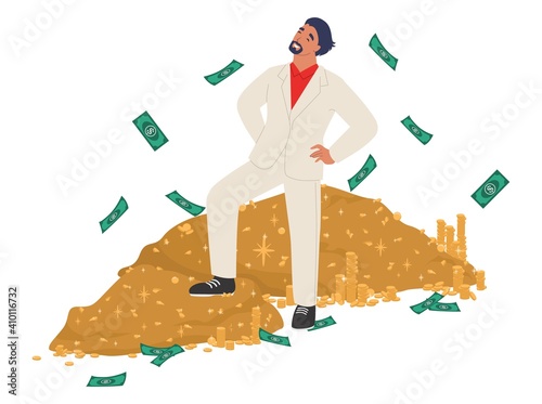 Rich man standing on cash money pile, flat vector illustration. Wealthy businessman, millionaire, happy lottery winner. Financial success, wealth.