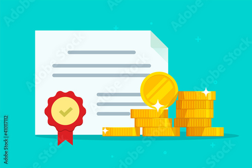 Investment bond or stock obligation document with seal stamp and money vector flat cartoon illustration, legal grant agreement, financial heritage inheritance paper certificate, award idea modern photo