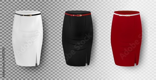 Black, white and red pencil skirt mockup set, vector illustration isolated on transparent background. Elegant slim fitting skirts. Women apparel, ladies clothing and fashion.