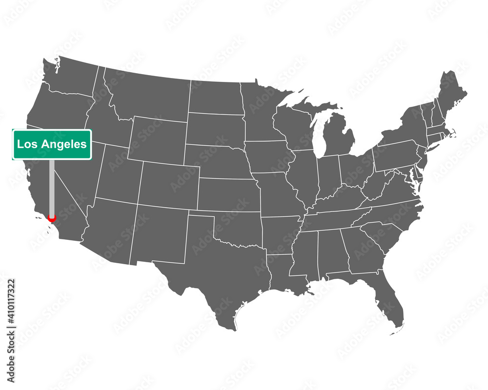 Landkarte der USA mit Orstsschild Los Angeles