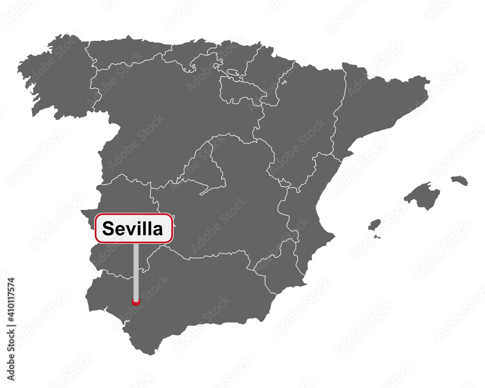 Landkarte von Spanien mit Ortsschild von Sevilla