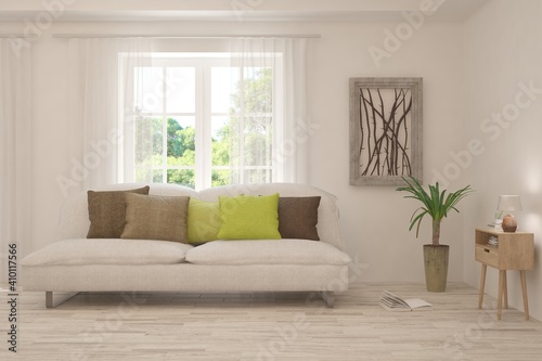 White living room with sofa and summer landscape in window. Scandinavian interior design. 3D illustration