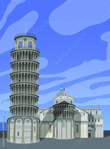 Leaning tower of pisa, italy, аrchitectural monument, travel, vector.