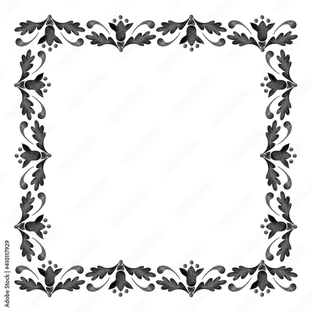 Elegant square frame. Black floral ornament in the damask pattern style on a white background. Empty space for text Elegant square frame. Black floral ornament in the damask pattern style on a white background. Empty space for text