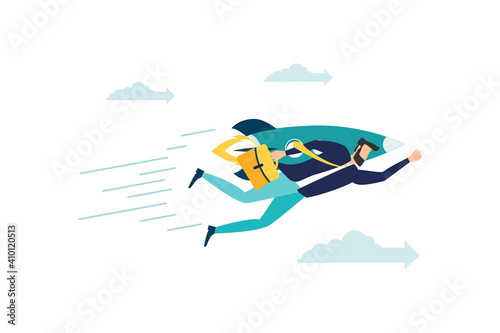 Leadership in business concept. Business man летит на ракете. Arrow, achievement, motivation, ambition. concept completing start-up vector illustration.