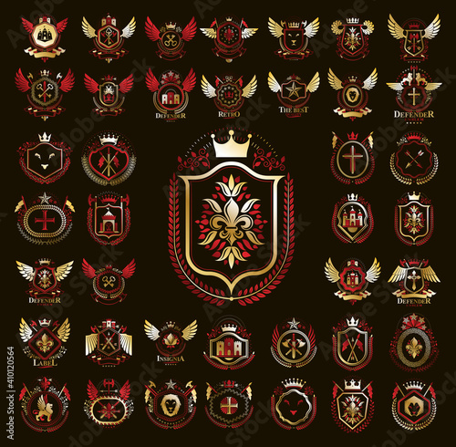 Vintage heraldic emblems vector big set, antique heraldry symbolic badges and awards collection, classic style design elements, family emblems.