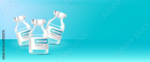 Coronavirus vaccine vector realistic background with vaccine glass bottle for covid19 immunization treatment. Vector anti covid 19 vaccine design template horizontal banner