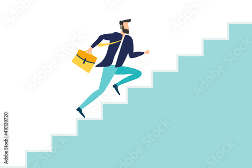 Business startup concept. Businessman running the stairs up to be success. vector illustration in flat style