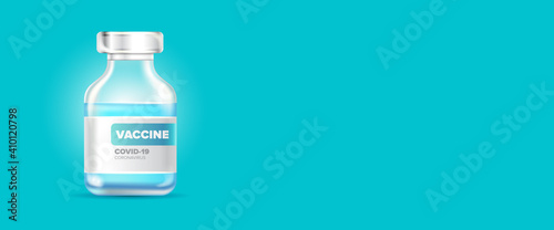 Coronavirus vaccine vector realistic background with vaccine glass bottle for covid19 immunization treatment. Vector anti covid 19 vaccine design template horizontal banner