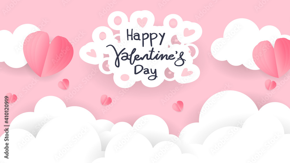 Happy Valentine's Day handwritten  with Cloud paper and heart background on pink background. Vector Illustration EPS 10