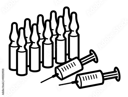 Syringe and ampules vaccine or first aid concept vector illustration isolated on white, injection vaccination against virus, antidote or painkiller.