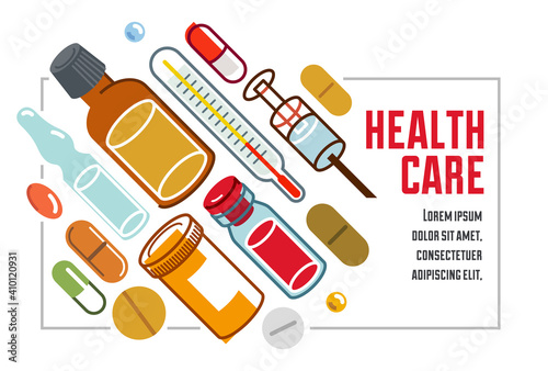 Pharmacy apothecary drugstore flyer, big composition set of medicaments vector flat illustration isolated, advertising banner health care and healing medical theme design.