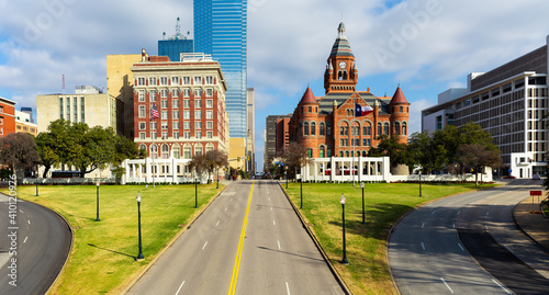 Dealey Plaza, city park and National Historic Landmark in downtown Dallas, Texas. Site of President John Fitzgerald Kennedy assassination in 1963.