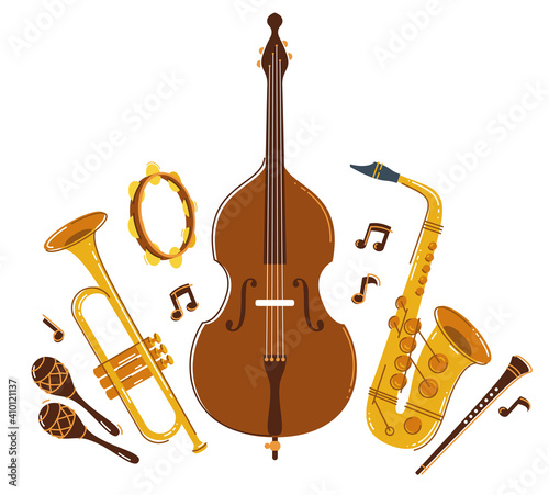 Jazz music band concept different instruments vector flat illustration isolated on white background, live sound festival or concert, musician different instruments set.