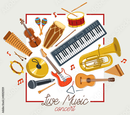 Music orchestra diverse instruments vector flat poster, live sound concert or festival, musical band or orchestra playing and singing songs advertising flyer or banner.