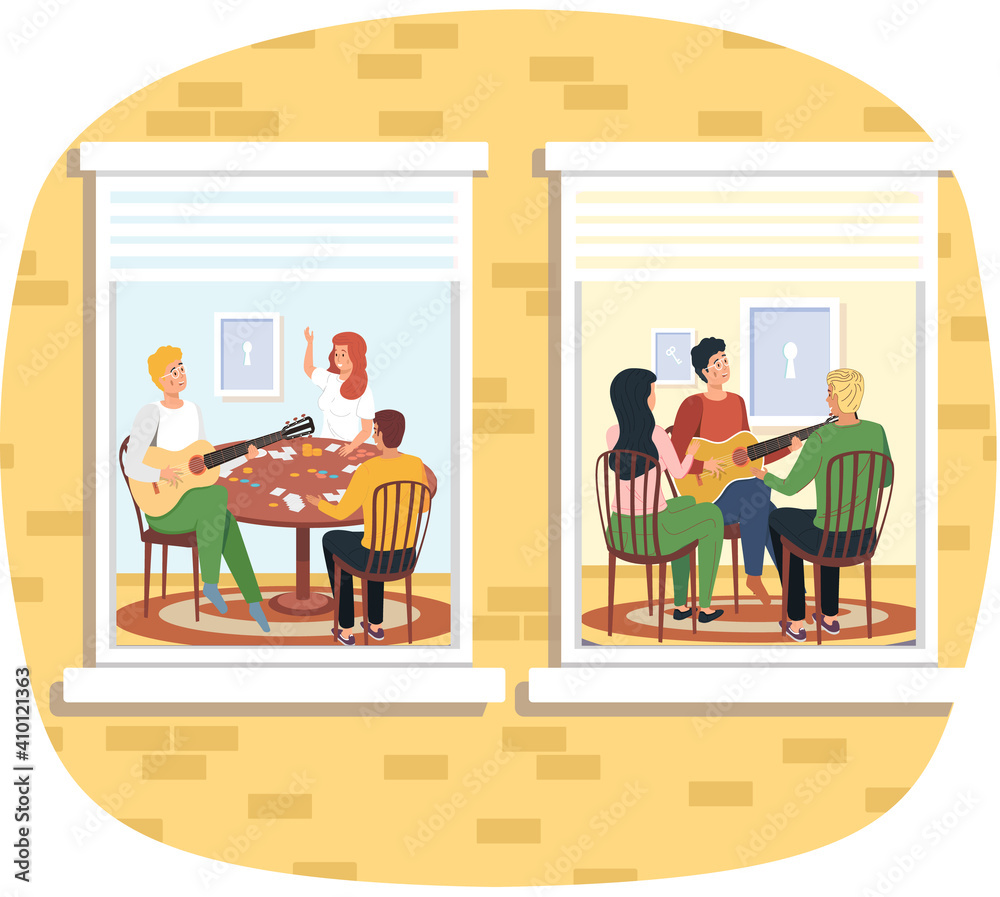 Group of people sing songs and play guitar sitting in apartment