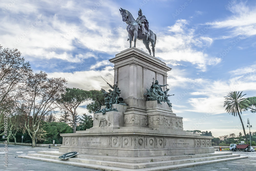 Monument to Giuseppe Garibaldi (1895) - equestrian statue on Janiculum hill at Piazza Garibaldi in Rome. Giuseppe Garibaldi was an Italian general, patriot and republican. Rome, Italy.