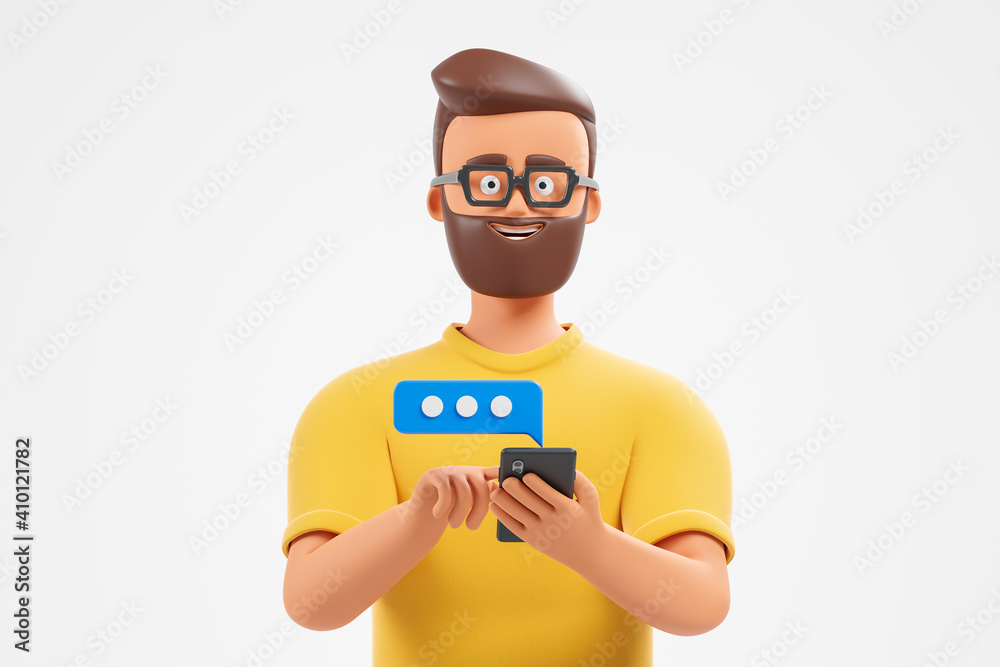 Happy cartoon beard character man use smartphone with blue text bubble over white background. Social network messenger concept.