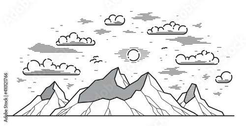 Mountains range linear vector illustration isolated on white, line art drawing of mountain peaks wilderness wanderlust theme, beautiful nature landscape.