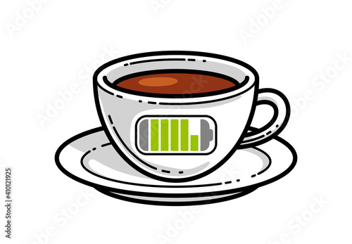 Cup of coffee with battery accumulator sign vector illustration or icon isolated on white, charge yourself concept, wakeup in morning, break in work during a day.