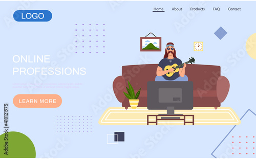 Male bard with ukulele in hands. Musician is playing strings on instrument. Person creates music. Website with online professions. Guitarist is watching television while playing guitar in living room