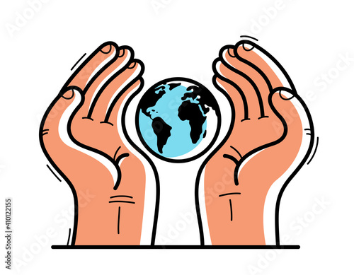 Two hands with earth icon protecting and showing care vector flat style illustration isolated on white, cherish and defense for ecology concept, environment eco protection.