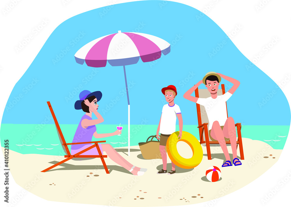 Fototapeta premium Family on vacation, beach, sea, vacation, vector.