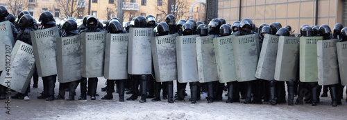 Riot police full equipment. Armor and shields. Military police uniform, police fight protest