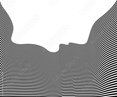 Abstract vector 3D lines background, black and white curves linear perspective dimensional optical pattern, blank copy space for text.