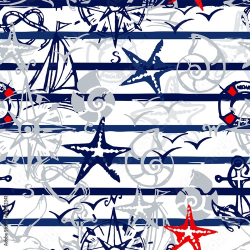 Seamless pattern with marine paraphernalia. Blue stripes in the background.
