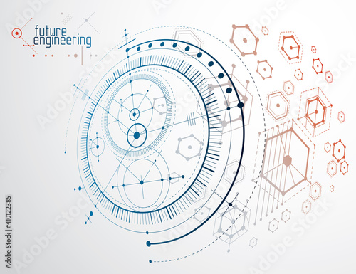 Vector industrial and engineering background, future technical plan. Abstract blueprint of mechanism, mechanical scheme.