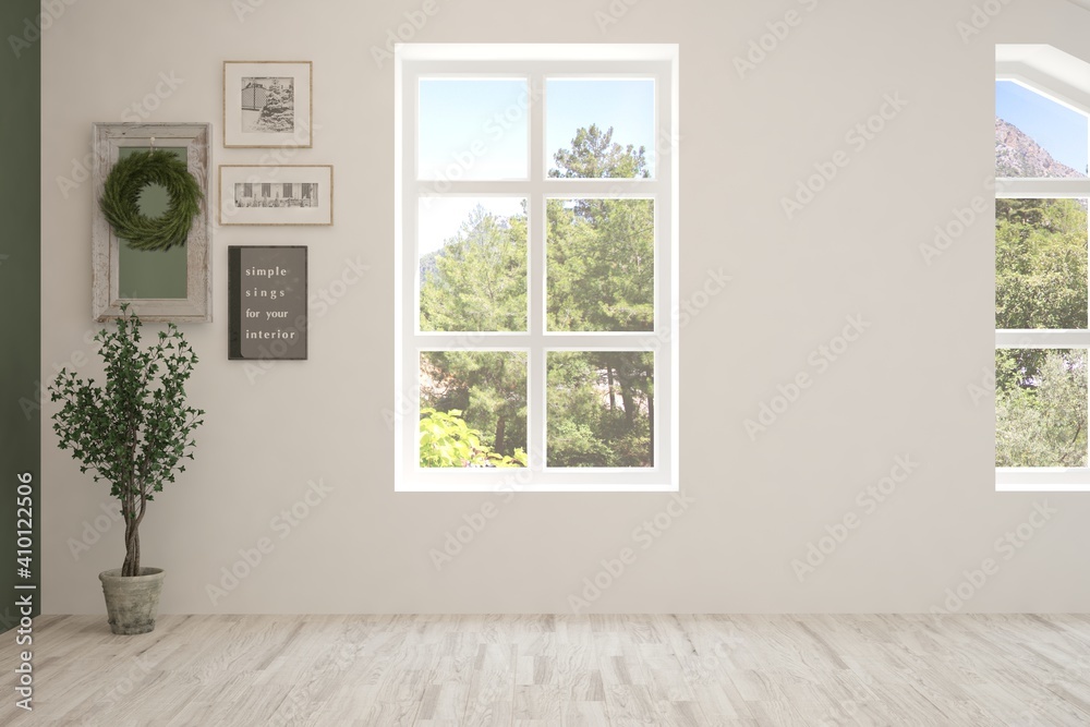 White empty room with summer landscape in window. Scandinavian interior design. 3D illustration White empty room with summer landscape in window. Scandinavian interior design. 3D illustration