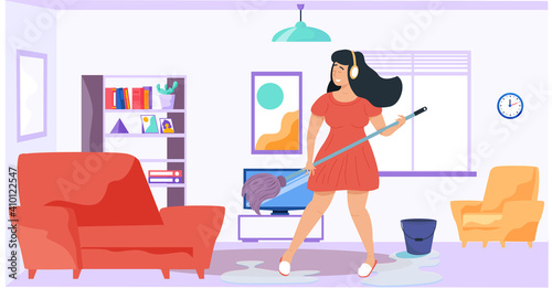 Girl with headphones washes floor. Musician imagines guitar and plays in room. Woman is playing mop like guitar in apartment. Person creates music. Female character performs songs and cleans