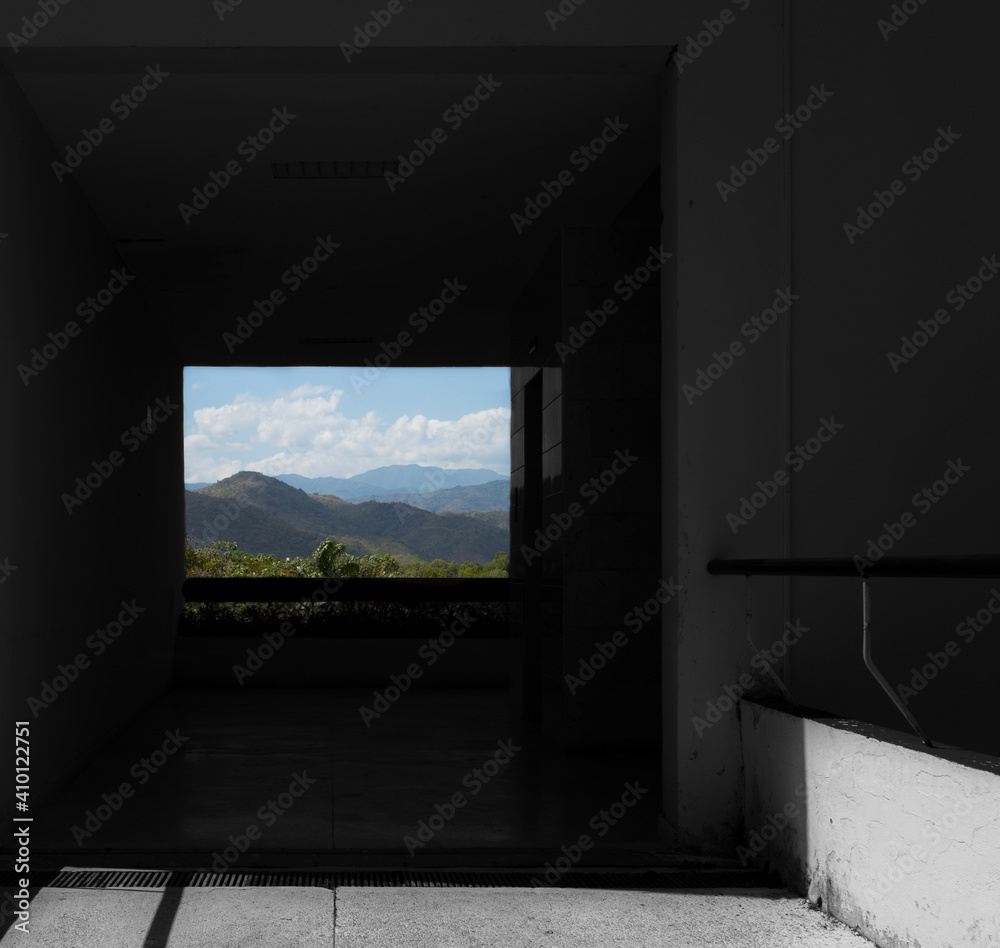 looking through window on landscape
