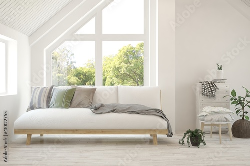 White living room with sofa and summer landscape in window. Scandinavian interior design. 3D illustration