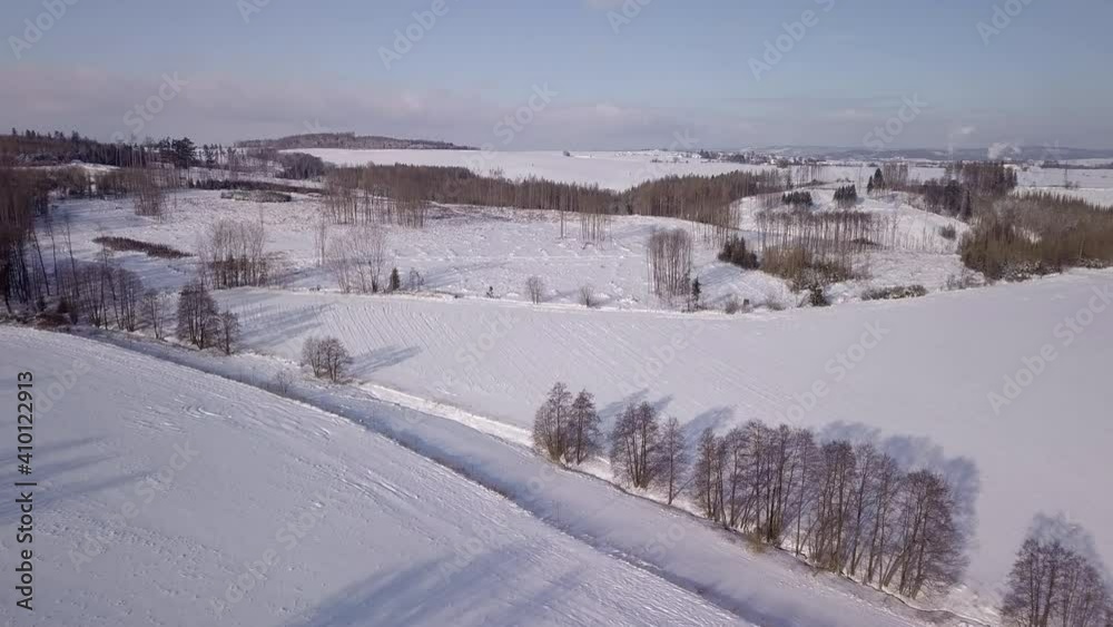 Aerial view of winter countryside, in sunny day. Deforested landscape after bark beetle attack, winter theme. Czech Republic, Vysocina region highland Aerial view of winter countryside, in sunny day. Deforested landscape after bark beetle attack, winter theme. Czech Republic, Vysocina region highland