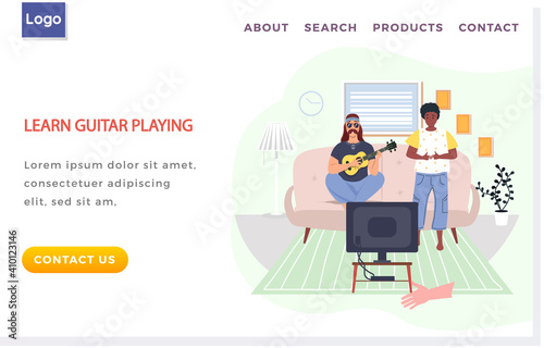 Male bard playing guitar or ukulele. African american woman listening to her friend singing. Character creates music. Musician plumbing strings on instrument. Couple watching tv vector illustration