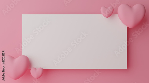 Valentine's day concept . Blank white paper with pink heart on pink pastel background. 3D Rendering illustration © Pungu x