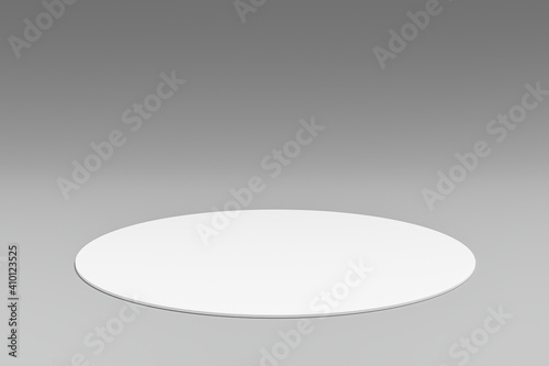 White product background stand or podium pedestal on advertising room display with blank backdrops. 3D rendering.