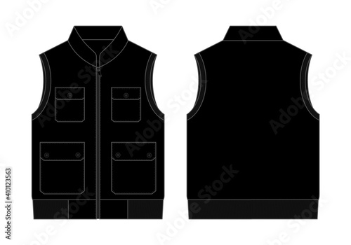 Black Vest With Multiple Pockets Template on White Background. Front and Back View, Vector File