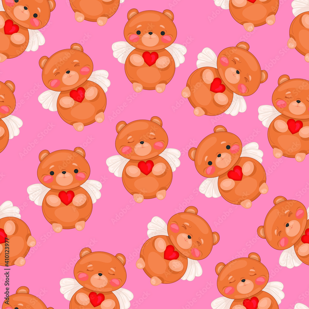 Cartoon colorful teddy bears with cupid wings and hearts seamless pattern template. Bright St. Valentine's day vector illustration on pink background for games, decor. Print for fabrics Cartoon colorful teddy bears with cupid wings and hearts seamless pattern template. Bright St. Valentine's day vector illustration on pink background for games, decor. Print for fabrics