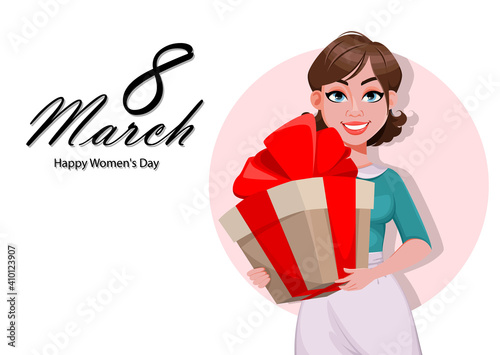 Happy Women's day greeting card. Beautiful woman